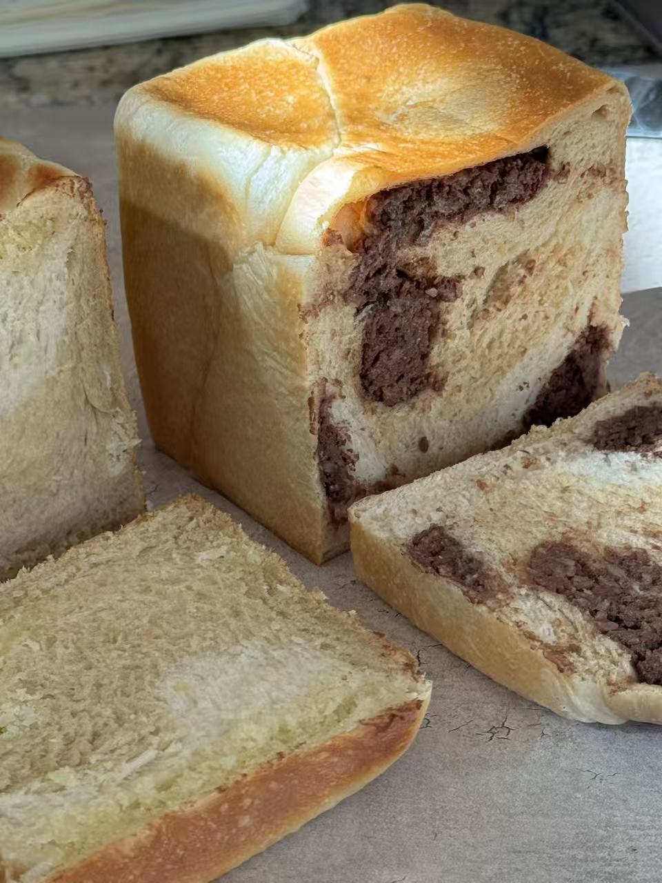 Red bean marble sourdough, sliced open